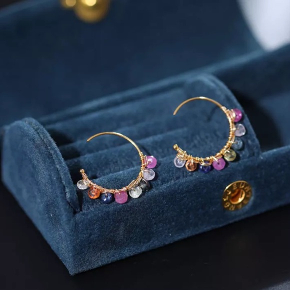 Natural Colorful Sapphire Hoop Earrings - Picture 5 of 6